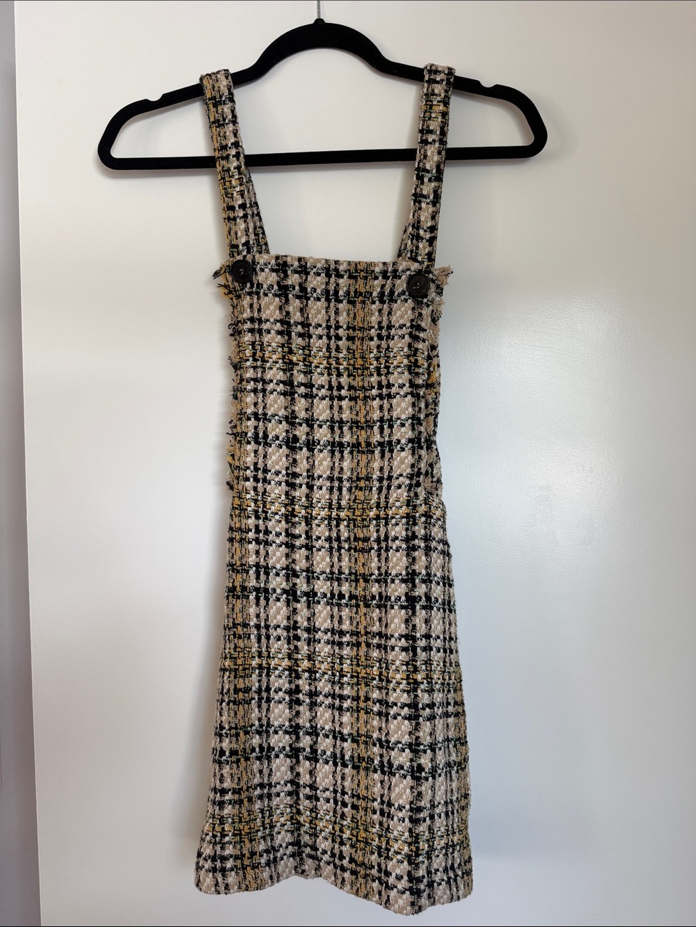 Textured Tweed Pinafore Dress in Cream, Yellow and Black